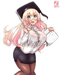Rule 34 | 1girl, alternate costume, artist logo, atago (kancolle), bespectacled, black pantyhose, black skirt, blonde hair, blush, book, breasts, collared shirt, commentary request, dated, feet out of frame, glasses, green eyes, hair between eyes, hat, highres, impossible clothes, impossible shirt, kanon (kurogane knights), kantai collection, large breasts, long hair, long sleeves, looking at viewer, mortarboard, open mouth, pantyhose, pencil skirt, pointer, red-framed eyewear, revision, shirt, signature, simple background, skirt, smile, solo, white background, white shirt
