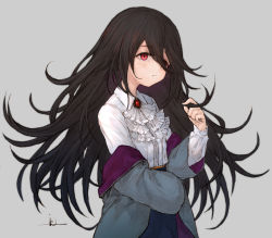 Rule 34 | 1girl, black hair, blue skirt, blush, closed mouth, coat, collared shirt, commentary request, cowboy shot, floating hair, frilled shirt, frills, frown, gem, grey background, grey coat, hair between eyes, hand in own hair, hand up, head tilt, io (io oekaki), jewelry, light blush, long hair, long sleeves, looking away, messy hair, multicolored coat, off shoulder, original, purple coat, red eyes, red gemstone, shirt, signature, simple background, skirt, solo, standing, upper body, very long hair, white shirt