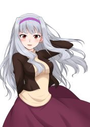 Rule 34 | 1girl, bad id, bad pixiv id, blush, breasts, cutefreak, dress, hairband, highres, idolmaster, idolmaster (classic), long hair, long sleeves, open mouth, red eyes, shijou takane, silver hair, solo, white background