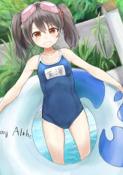 Rule 34 | 10s, 1girl, bad id, bad pixiv id, black hair, competition school swimsuit, goggles, goggles on head, grin, highres, innertube, long hair, love live!, love live! school idol project, okitsugu, one-piece swimsuit, red eyes, school swimsuit, smile, solo, swim ring, swimsuit, twintails, yazawa nico