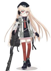 Rule 34 | 1girl, ammunition box, ankle boots, beret, black footwear, black gloves, black hat, black shirt, blonde hair, boots, closed mouth, commentary, expressionless, fingerless gloves, full body, general-purpose machine gun, girls&#039; frontline, glasses, gloves, gun, hair ornament, hairclip, hat, highres, holding, holding gun, holding weapon, jacket, kamihine, long hair, long sleeves, looking at viewer, machine gun, mod3 (girls&#039; frontline), necktie, open clothes, open jacket, pouch, red eyes, red necktie, red thighhighs, round eyewear, shadow, shirt, simple background, solo, standing, symbol-only commentary, tactical clothes, thighhighs, type 80 (girls&#039; frontline), type 80 (mod3) (girls&#039; frontline), type 80 machine gun, very long hair, weapon, white background, white jacket