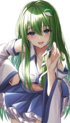 Rule 34 | 1girl, 7saki, bad id, bad twitter id, blue eyes, breasts, cleavage, collarbone, commentary request, detached sleeves, frog hair ornament, green hair, hair between eyes, hair ornament, hand on own hip, highres, kochiya sanae, large breasts, long hair, looking at viewer, navel, open mouth, simple background, snake hair ornament, solo, teeth, touhou, white background, wide sleeves