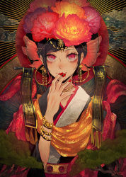 Rule 34 | 1girl, banner, black hair, blush, bracelet, earrings, eyelashes, flower, hagoromo, hair flower, hair ornament, halo, hand to own mouth, highres, japanese clothes, jewelry, kimono, light smile, lips, multicolored hair, nail polish, necklace, original, patterned background, peony (flower), pink eyes, pink hair, shawl, solo, sparkling eyes, streaked hair, sunburst, yumepon