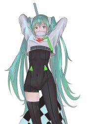 Rule 34 | 1girl, absurdres, arms up, black bodysuit, bodysuit, checkered flag, covered mouth, covered navel, cropped jacket, flag, green eyes, hatsune miku, highres, holding, holding flag, jacket, long hair, looking at viewer, race queen, racing miku, racing miku (2022), ranico, simple background, solo, twintails, very long hair, vocaloid, white background, white jacket
