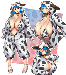 Rule 34 | 1girl, :d, :o, :t, absurdres, animal ears, animal print, bell, bikini, bikini under clothes, blue hair, blush, breasts, collar, cow ears, cow girl, cow hood, cow horns, cow print, cow print bikini, cowbell, erkaz, fake animal ears, fake horns, high heels, highres, horns, huge breasts, multiple views, neck bell, one eye closed, onesie, open mouth, original, partially unzipped, print bikini, red eyes, rina atherina, short hair, simple background, smile, swimsuit