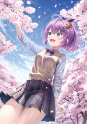 Rule 34 | 1girl, absurdres, azur lane, checkered clothes, checkered skirt, cherry blossoms, highres, javelin (azur lane), javelin (slow ahead!) (azur lane), purple hair, skirt