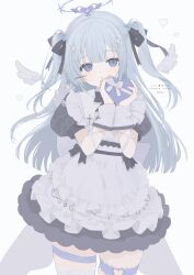 Rule 34 | 1girl, 33bun3, absurdres, angel wings, apron, black bow, black bowtie, black dress, black ribbon, blue eyes, blue hair, blue theme, bow, bowtie, box, commentary, commission, cowboy shot, detached wings, dress, hair ornament, hair ribbon, halo, heart, heart-shaped box, heart hair ornament, heart o-ring, highres, holding, holding box, long hair, looking at viewer, maid, mini wings, open mouth, original, puffy short sleeves, puffy sleeves, ribbon, short sleeves, simple background, single thighhigh, skeb commission, solo, thigh strap, thighhighs, two side up, very long hair, white apron, white background, white thighhighs, white wings, wings, wrist cuffs