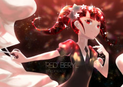 Rule 34 | 1other, androgynous, artist name, character name, finger to mouth, gem uniform (houseki no kuni), hair ornament, houseki no kuni, long hair, looking at viewer, matching hair/eyes, necktie, red beryl (houseki no kuni), red eyes, red hair, scissors, smile, solo, star (symbol), star hair ornament, twintails