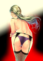 Rule 34 | 1girl, ass, backboob, blonde hair, blue nails, breasts, female focus, fishnet thighhighs, fishnets, garter belt, lipstick, long hair, looking back, makeup, mitsuha (bless blessing), nail polish, niijima sae, panties, parted lips, persona, persona 5, red eyes, smile, solo, thighhighs, topless, underwear