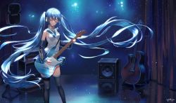 Rule 34 | 1girl, absurdly long hair, absurdres, acoustic guitar, amplifier, aqua nails, artist name, bare shoulders, black skirt, black sleeves, black thighhighs, blue hair, blue necktie, closed eyes, commentary, curtains, detached sleeves, electric guitar, english commentary, fender stratocaster, guitar, hatsune miku, headphones, headset, highres, holding, holding instrument, holding plectrum, instrument, light particles, light smile, lips, long hair, miniskirt, music, nail polish, necktie, oohhya, playing instrument, pleated skirt, plectrum, shirt, skirt, sleeveless, sleeveless shirt, solo, speaker, stage, standing, thighhighs, twintails, very long hair, vocaloid, white shirt, wide shot, zettai ryouiki