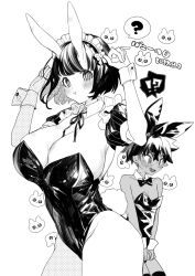 Rule 34 | !, !?, 1boy, 1girl, ?, aano (10bit), animal ears, bare shoulders, blush, bob cut, bow, breasts, bunny day, covering privates, covering crotch, crossdressing, dark-skinned male, dark skin, detached collar, detached sleeves, embarrassed, fake animal ears, fang, frilled hairband, frills, greyscale, hair between eyes, hair bow, hairband, highleg, highleg leotard, highres, large breasts, leotard, looking at viewer, male playboy bunny, monochrome, neck ribbon, open mouth, original, oversized breast cup, parted lips, playboy bunny, puffy short sleeves, puffy sleeves, rabbit, rabbit ears, rabbit girl, rabbit pose, rabbit tail, ribbon, short hair, short sleeves, simple background, spoken exclamation mark, spoken question mark, standing, strapless, strapless leotard, sweat, tail, tearing up, thighhighs, v arms, wrist cuffs