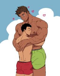 Rule 34 | 2boys, abs, absurdres, bara, beard, blush, chest hair, dark-skinned male, dark skin, face to pecs, facial hair, feet out of frame, green male swimwear, heart, highres, hug, ken (suyohara), kuma (suyohara), large hands, large pectorals, long sideburns, loving aura, male focus, male swimwear, mature male, multiple boys, muscular, muscular male, nipples, original, pectorals, red male swimwear, short hair, sideburns, size difference, stomach, stubble, suyohara, swim trunks, thick eyebrows, thighs, topless male, veins, veiny arms, yaoi