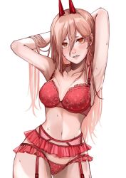 Rule 34 | 1girl, armpits, arms behind head, blush, bra, breasts, chainsaw man, cross-shaped pupils, garter belt, hair between eyes, highres, horns, lingerie, long hair, medium breasts, navel, nose blush, orange hair, panties, parted lips, pink hair, power (chainsaw man), red bra, red garter belt, red horns, red panties, sharp teeth, simple background, solo, stomach, sweat, symbol-shaped pupils, teeth, underwear, underwear only, victoria 178, white background