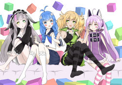 Rule 34 | 4girls, colorful, feichu keju, floating cubes, forever 7th capital, green sleeveless, heterochromia, long twintails, multiple girls, nebille (eternal city), pantyhose, thighhighs