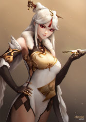 Rule 34 | 1girl, artist name, breasts, bridal gauntlets, cheesewoo, chinese clothes, closed mouth, cowboy shot, fur trim, genshin impact, gradient background, hair ornament, hand on own hip, highres, holding, holding smoking pipe, lips, long hair, looking at viewer, ningguang (genshin impact), pelvic curtain, red eyes, side slit, smoking pipe, solo, tassel, white hair, yellow background