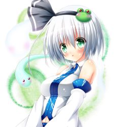 Rule 34 | 1girl, alternate costume, bare shoulders, blush, breasts, cosplay, detached sleeves, frog hair ornament, ghost, green eyes, hair ornament, hair ribbon, hairband, kochiya sanae, kochiya sanae (cosplay), konpaku youmu, konpaku youmu (ghost), large breasts, medium breasts, midriff, navel, open mouth, osashin (osada), ribbon, short hair, silver hair, skirt, snake hair ornament, solo, sweatdrop, touhou, triangular headpiece, upper body, wide sleeves