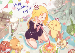 Rule 34 | +++, 1girl, :d, ^ ^, animal, between legs, black dress, blonde hair, blush, bobby socks, brat (brabrabrat00), cake, character name, closed eyes, commentary request, crown, dress, food, hand between legs, happy birthday, heart, holding, indie virtual youtuber, long hair, long sleeves, mini crown, no shoes, open mouth, pennant, picnic, picnic basket, rabbit, sailor collar, sailor dress, shinonome megu, smile, socks, solo, star (symbol), string of flags, stuffed animal, stuffed octopus, stuffed toy, teddy bear, thick eyebrows, tree, very long hair, virtual youtuber, white sailor collar, white socks