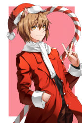 Rule 34 | 1boy, animal ears, bad id, bad pixiv id, black shirt, blazer, brown eyes, brown hair, brown pants, candy, candy cane, christmas, copyright request, food, hair between eyes, hand in pocket, hat, highres, jacket, long sleeves, male focus, matching hair/eyes, nakamura rohane, pants, pink background, pocket, pom pom (clothes), red hat, red jacket, santa hat, scarf, shirt, simple background, smile, solo, upper body, v, white scarf