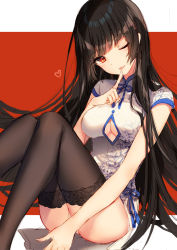 Rule 34 | 1girl, bison cangshu, black hair, black thighhighs, blunt bangs, breasts, chinese clothes, dress, female focus, large breasts, long hair, no bra, one eye closed, original, parted lips, red eyes, short dress, sitting, sketch, solo, thighhighs, white dress