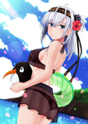 Rule 34 | 1girl, ahoge, anchor symbol, ass, bare arms, bare shoulders, belt, bikini, black bikini, black skirt, blue eyes, blush, breasts, closed mouth, clothes writing, cloud, cloudy sky, commentary request, cowboy shot, day, failure penguin, flower, from side, fuyube gin (huyube), greyscale, hachimaki, hair between eyes, hair flower, hair ornament, headband, hibiscus, innertube, kantai collection, lens flare, light rays, long hair, looking at viewer, looking to the side, medium breasts, monochrome, ocean, one side up, see-through, sideboob, skirt, sky, smile, solo, sunbeam, sunlight, suzutsuki (kancolle), swim ring, swimsuit, water