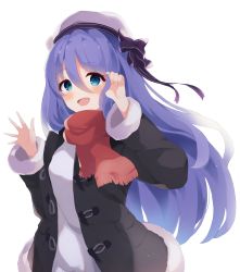 Rule 34 | 1girl, :d, absurdres, beret, black bow, black jacket, blue eyes, blue hair, blush, bow, commentary request, fringe trim, fur-trimmed jacket, fur-trimmed sleeves, fur trim, hair between eyes, hands up, hat, highres, jacket, long hair, long sleeves, mizu (lzzrwi603), open clothes, open jacket, open mouth, princess connect!, red scarf, scarf, shizuru (princess connect!), simple background, smile, solo, sweater, upper body, very long hair, white background, white hat, white sweater