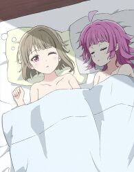 Rule 34 | 2girls, aftersex, ahoge, asymmetrical hair, bed sheet, blunt bangs, blunt ends, blush, bob cut, breasts, cleavage, closed eyes, collarbone, commentary request, covering with blanket, from above, half-closed eye, head on pillow, highres, light brown hair, love live!, love live! nijigasaki high school idol club, lying, medium breasts, multiple girls, nakasu kasumi, nude, on back, on bed, on side, one eye closed, parted lips, pillow, pink hair, red eyes, short hair, sleeping, tennoji rina, tottsan, waking up, yuri