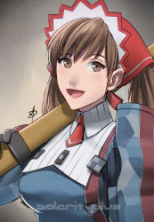 Rule 34 | 00s, 1girl, alicia melchiott, breasts, brown eyes, brown hair, gradient background, gun, headdress, highres, lipstick, long hair, makeup, md5 mismatch, military, military uniform, open mouth, over shoulder, polarityplus, resized, resolution mismatch, rifle, senjou no valkyria, senjou no valkyria (series), senjou no valkyria 1, smile, solo, source smaller, twintails, uniform, upper body, upscaled, weapon, weapon over shoulder