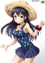 Rule 34 | 10s, 1girl, ahoge, alternate costume, armpits, artist name, bare arms, bare shoulders, black hair, blue one-piece swimsuit, blue skirt, blush, bow, breasts, brown eyes, brown hat, character name, cleavage, closed mouth, collarbone, contrapposto, covered navel, cowboy shot, hair between eyes, hat, kantai collection, long hair, looking at viewer, medium breasts, one-piece swimsuit, pleated skirt, polka dot, polka dot swimsuit, red bow, sakiyamama, scrunchie, shiny skin, simple background, skirt, smile, solo, standing, straw hat, swimsuit, tareme, twitter username, ushio (kancolle), white background, wrist scrunchie