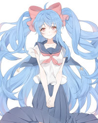 Rule 34 | 1girl, ahoge, blue hair, blush, bow, female focus, hair bow, long hair, looking at viewer, marin (myuy 3), original, pink eyes, red eyes, ribbon, school uniform, simple background, skirt, smile, solo, twintails, uniform, white background
