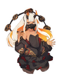Rule 34 | 1girl, bare shoulders, black jacket, breasts, colored inner hair, hand up, horns, jacket, lansane, long sleeves, looking at viewer, mask, mouth mask, multicolored hair, orange eyes, orange hair, orange horns, original, sketch, small breasts, standing, tan, white background, white hair, zipper
