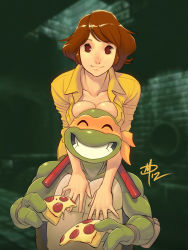 Rule 34 | 1boy, 1girl, ^ ^, april o&#039;neil, bald, breast press, breast rest, breasts, breasts on head, brown eyes, brown hair, cleavage, closed eyes, elbow pads, closed eyes, food, grin, jumpsuit, large breasts, mask, michelangelo (tmnt), monster, monster boy, muscular, no bra, nunchaku, over shoulder, pizza, polarityplus, sewer, short hair, signature, sleeves rolled up, smile, teenage mutant ninja turtles, weapon, weapon over shoulder, yellow jumpsuit