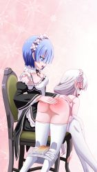 Rule 34 | 2girls, ass, blue eyes, blue hair, bottomless, breasts, ass smack, diaper, hand on back, highres, maid, multiple girls, over the knee, punishment, purple eyes, red ass, scared, sideboob, spanked, spanking, thighhighs, wet diaper, white hair