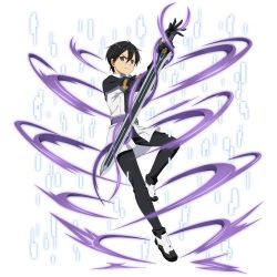 Rule 34 | 1boy, black eyes, black gloves, black hair, black pants, full body, gloves, hair between eyes, holding, holding sword, holding weapon, kirito, looking at viewer, male focus, pants, simple background, solo, sword, sword art online, sword art online the movie: ordinal scale, weapon, white background