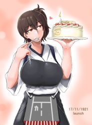 Rule 34 | 10s, 1girl, breasts, brown eyes, brown hair, cake, eating, food, food on face, fruit, happy birthday, japanese clothes, kaga (kancolle), kantai collection, large breasts, long hair, muneate, pastry, saizu nitou gunsou, side ponytail, smile, solo, spoon, strawberry