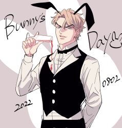 Rule 34 | 1boy, 2022, alcohol, animal ears, black pants, black vest, blonde hair, champagne flute, charai (withoutyou222), commentary, cup, dio brando, drinking glass, ear birthmark, fake animal ears, highres, holding, holding cup, jojo no kimyou na bouken, long sleeves, looking at viewer, male focus, open mouth, pants, phantom blood, rabbit ears, shirt, short hair, smile, solo, symbol-only commentary, vest, wine