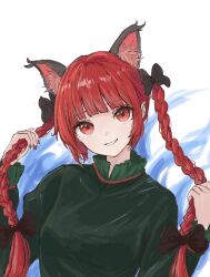 Rule 34 | 1girl, animal ears, black bow, bow, breasts, cat ears, cat girl, dress, green dress, hair bow, highres, kaenbyou rin, kashiwada kiiho, looking at viewer, medium breasts, multiple hair bows, red eyes, red hair, sketch, smile, solo, touhou, twintails, white background