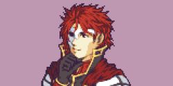Rule 34 | 1boy, bad id, bad twitter id, buskhusker, cape, character request, close-up, closed mouth, fire emblem, hand on own chin, highres, looking ahead, male focus, mask over one eye, nintendo, pixel art, portrait, purple background, red cape, red eyes, red hair, simple background, smile, solo, upper body