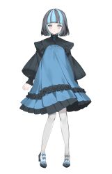 Rule 34 | 1girl, absurdres, black dress, black hair, blue bow, blue dress, blue eyes, blue footwear, blue hair, blunt bangs, bow, closed mouth, dress, expressionless, footwear bow, frilled dress, frills, full body, high heels, highres, long sleeves, looking at viewer, meisho mikaku, multicolored hair, original, pantyhose, puffy sleeves, shoes, short hair, simple background, solo, standing, streaked hair, tachi-e, two-tone dress, two-tone hair, white background, white pantyhose