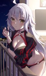 Rule 34 | 1girl, absurdres, ahoge, bikini, black bikini, black jacket, breasts, choker, cleavage, collarbone, cropped jacket, fate/grand order, fate (series), grey hair, highres, jacket, jeanne d&#039;arc alter (fate), jeanne d&#039;arc alter (swimsuit berserker) (fate), large breasts, long hair, long sleeves, looking at viewer, navel, o-ring, o-ring bikini, shrug (clothing), solo, swimsuit, thigh strap, thighs, toukan, very long hair, yellow eyes