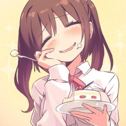Rule 34 | 10s, 1girl, ^ ^, blush, breasts, brown hair, cake, closed eyes, collared shirt, ebina nana, closed eyes, female focus, food, food on face, fork, hand on own cheek, hand on own face, happy, himouto! umaru-chan, holding, holding fork, holding plate, large breasts, long hair, open mouth, plate, ribbon, shirt, smile, solo, sparkle, tam-u, twintails, wavy mouth, white shirt