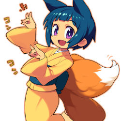 Rule 34 | 1girl, :d, animal ears, blue hair, borrowed character, fox ears, fox tail, japanese clothes, kimono, kukuri (mawaru), long sleeves, looking at viewer, metata, multiple tails, open mouth, original, purple eyes, short hair, simple background, smile, solo, tail, white background, yellow kimono