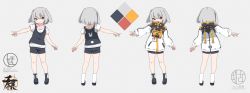 Rule 34 | 1girl, :3, absurdres, animal ears, black footwear, black shorts, black vest, boots, brown eyes, character sheet, closed mouth, color guide, commentary request, grey background, grey hair, highres, jacket, kuro kosyou, long sleeves, mitsudomoe (shape), multiple views, original, puffy long sleeves, puffy sleeves, rabbit ears, shirt, short eyebrows, short shorts, short sleeves, shorts, sleeves past wrists, smile, thick eyebrows, tomoe (symbol), vest, white jacket, white shirt