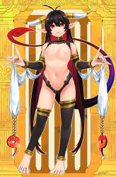 Rule 34 | 1girl, antenna hair, bare shoulders, barefoot, black gloves, black hair, breasts, bridal gauntlets, colored inner hair, commentary, demon girl, detached pants, elbow gloves, fang, fang out, fingernails, frown, full body, gloves, hair between eyes, happa (cloverppd), highres, horns, long fingernails, long hair, long toenails, magatama, multicolored hair, navel, nipples, original, pointy ears, red eyes, red hair, revealing clothes, sharp fingernails, sharp toenails, small breasts, solo, standing, stomach, tail, toenails, very long hair