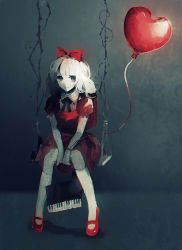 Rule 34 | 1girl, backpack, bag, balloon, bow, dress, expressionless, frilled sleeves, frills, grey eyes, hair bow, heart balloon, kneehighs, looking at viewer, mary janes, monochrome, necktie, original, puffy sleeves, randoseru, red dress, red footwear, shirt, shoes, short sleeves, sitting, socks, solo, spot color, swing, v arms, white hair, white socks, yumepon