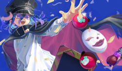 Rule 34 | 1boy, :d, black cape, black headwear, blue background, bottle, buttons, cape, confetti, danganronpa (series), danganronpa v3: killing harmony, double-breasted, explosive, foca (sello20582612), grenade, hair between eyes, highres, jacket, long sleeves, mask, oma kokichi, open mouth, pink cape, purple eyes, shiny clothes, smile, solo, teeth, two-sided cape, two-sided fabric, two-tone cape, upper teeth only, white jacket