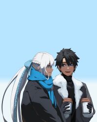 Rule 34 | 1boy, 1girl, black gloves, black hair, blue bow, blue eyes, blue scarf, bow, braid, cup, disposable cup, fate/grand order, fate (series), french braid, fujimaru ritsuka (male), fur trim, gloves, grey hair, hair bow, highres, holding, jacket, long hair, long sleeves, morgan le fay (fate), open mouth, paperpillar, ponytail, scarf, short hair, sidelocks, smile, very long hair, winter clothes