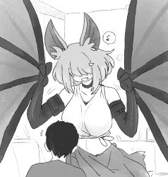 Rule 34 | 1boy, 1girl, :d, animal ears, animal hands, bat ears, bat girl, bat wings, breasts, choker, commentary, covered eyes, english commentary, fang, greyscale, hair over eyes, highres, indoors, large breasts, latenight, monochrome, monster girl encyclopedia, musical note, open mouth, shirt, short hair, smile, spoken musical note, tank top, tied shirt, werebat, winged arms, wings
