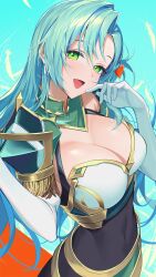 Rule 34 | 1girl, aqua hair, blue background, breasts, chloe (fire emblem), cleavage, cleavage cutout, clothing cutout, collarbone, covered navel, dress, earrings, elbow gloves, fire emblem, fire emblem engage, gloves, green eyes, hair ornament, highres, jewelry, kainown, large breasts, long hair, nintendo, open mouth, selfie, smile, solo, upper body, very long hair, white gloves