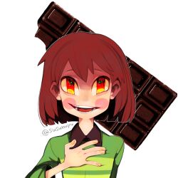 Rule 34 | 1other, androgynous, brown eyes, brown hair, candy, chara (undertale), chocolate, chocolate bar, commentary request, food, green shirt, kohakagutibi, long sleeves, looking at viewer, medium bangs, open mouth, other focus, shirt, short hair, simple background, smile, solo, sparkling eyes, striped clothes, striped shirt, teeth, undertale, white background