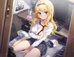 Rule 34 | 1girl, bag, black hairband, black skirt, blonde hair, blue eyes, book, book stack, breasts, cellphone, cleavage, coffee, coffee mug, collared shirt, computer, controller, cup, dress shirt, hairband, hand on own arm, headphones, highres, indoors, kneehighs, kuria (clear trip second), large breasts, light particles, long sleeves, looking at viewer, miniskirt, monitor, mug, necktie, open door, original, parted bangs, parted lips, phone, pillow, pleated skirt, red neckwear, remote control, school bag, school uniform, shirt, sitting, skirt, smartphone, socks, steam, swept bangs, wariza, white socks